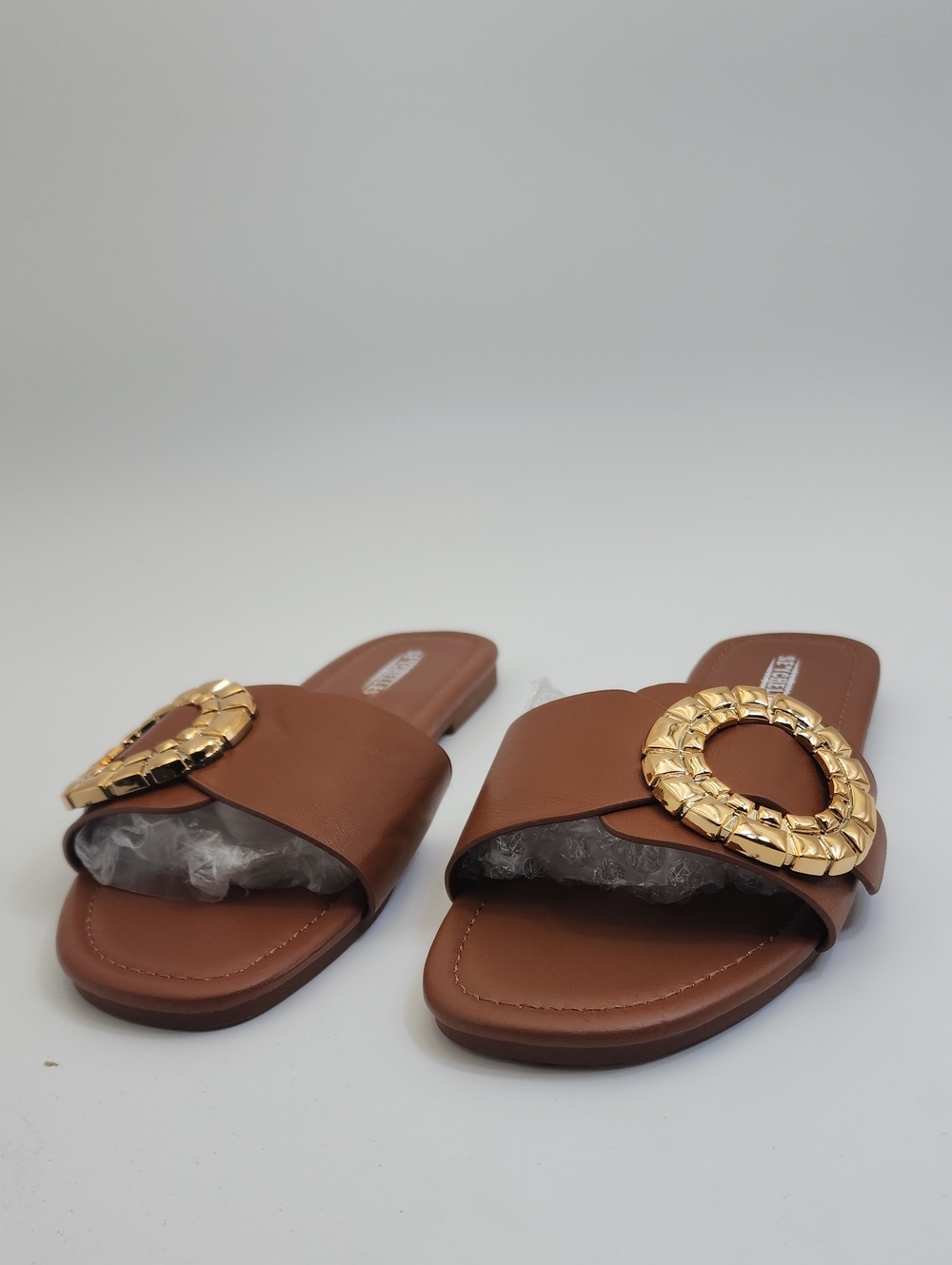 Seychelles Cognac Brown Leather Slide Sandals with Hammered Gold Buckle Sz 7.5